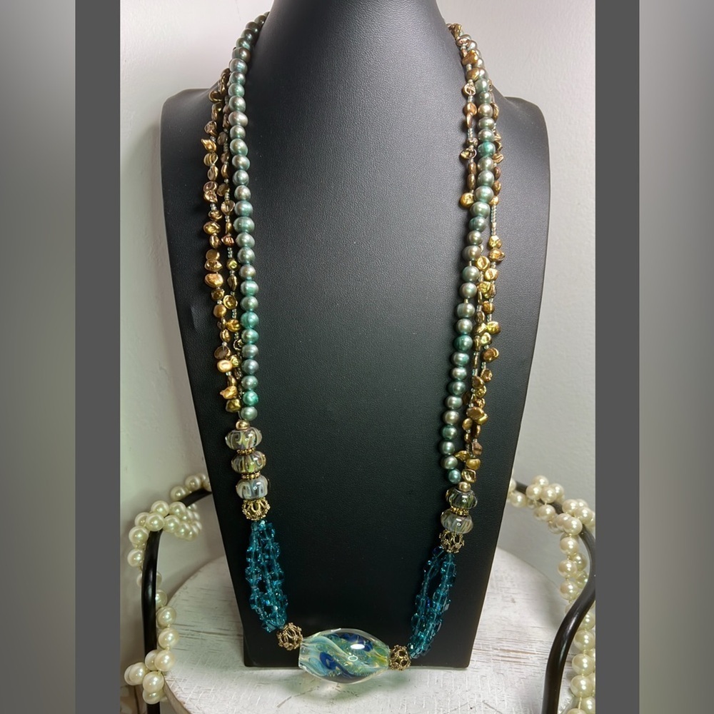 Freshwater Pearl & Murano Glass Slipover Necklace 29” D17
